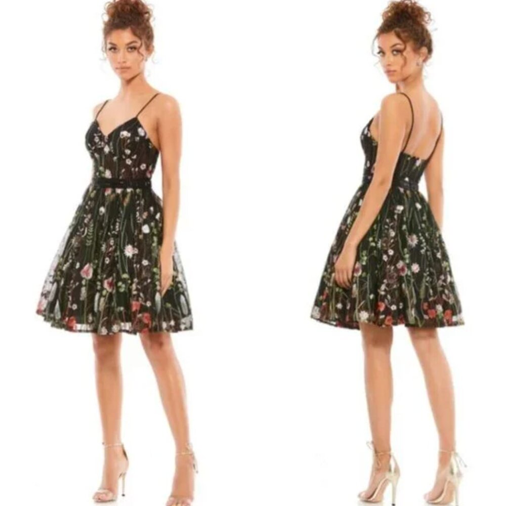 MAC DUGGALFloral Embroidered Bustier A-Line Dress Black Multi-Color 8 NWOT
